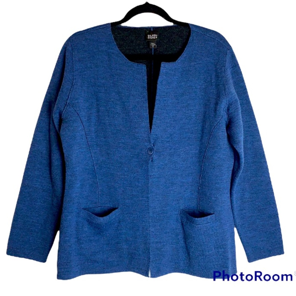 Eileen Fisher blue one button merino wool women’s cardigan sweater